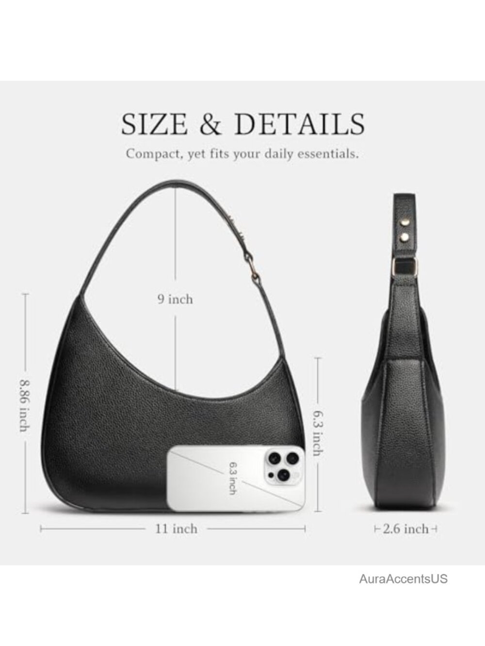 PU Leather Crescent Shoulder Bag with Zipper, Mini Handbag - Picture 4 of 6